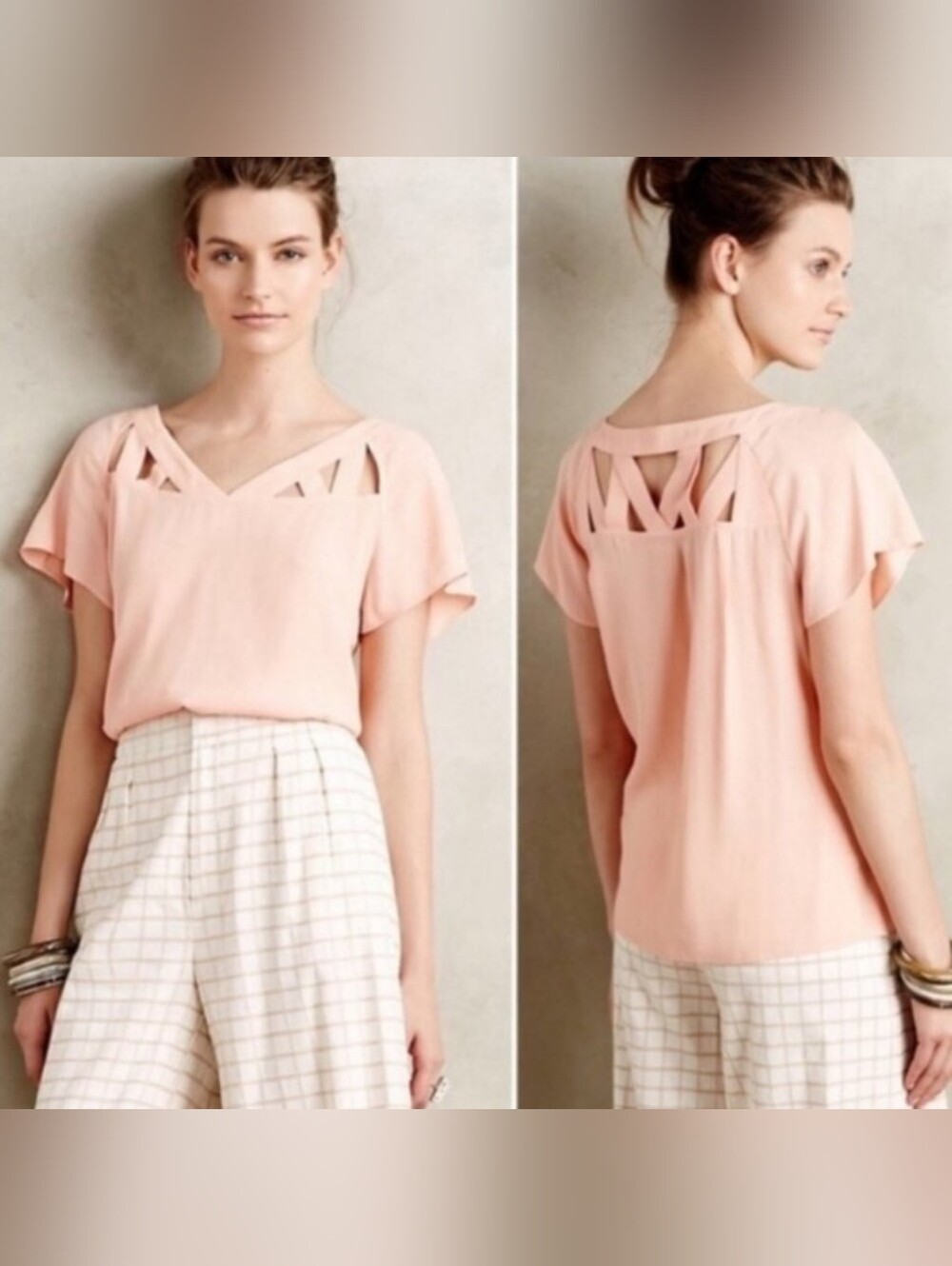 Anthropologie Maeve Peach Tri-Cut Cutout Blouse Flutter Sleeve Size 8 Boho Top